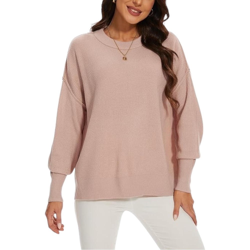 Tan Crew Neck Ribbed Sweater with Relaxed Fit and Bubble Sleeves‎